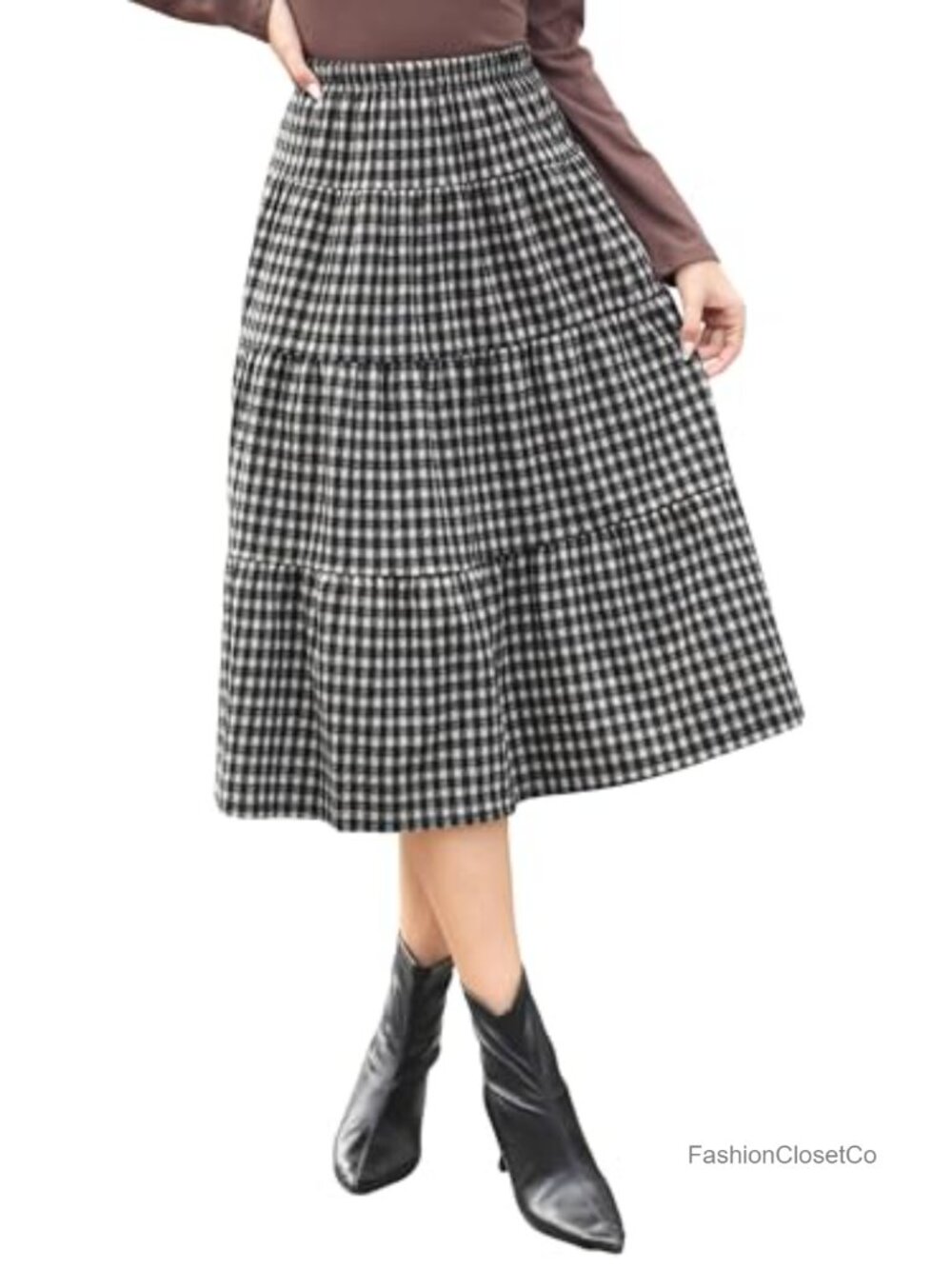 High Waisted Plaid Pleated Maxi Skirt Plus Size Fall Winter